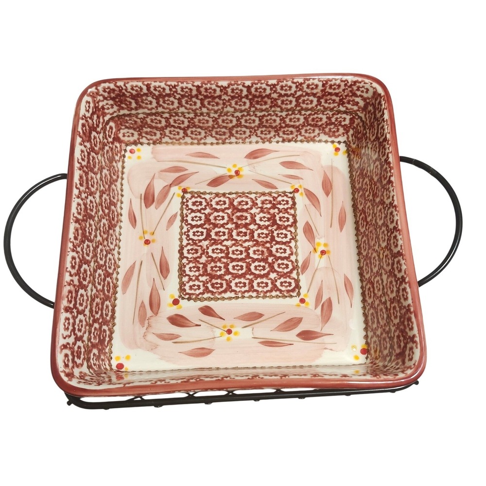 Temp-tations Old World Cranberry 2.5 Qt Square Casserole Dish Wire Rack Set